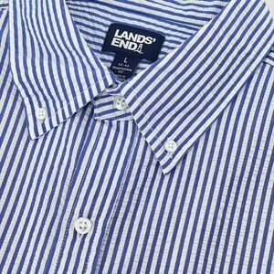 Lands' End Shirt Men L Blue White Seersucker Stripe Button Down Summer